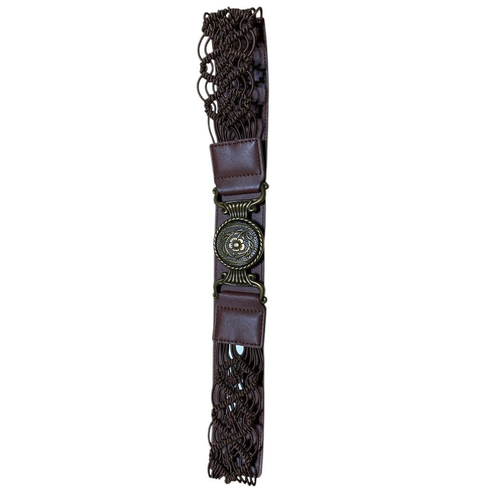 Brown Bonded Leather Belt Braided Woven Brass Buckle Sz L